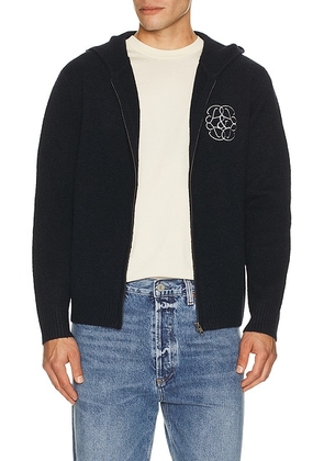 Museum of Peace and Quiet Symbol Mohair Zip-Up Hoodie in Navy - Black. Size L (also in M, S, XL/1X, XS).