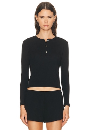LESET Pointelle Long Sleeve Henley Top in Black - Black. Size L (also in S, XS).