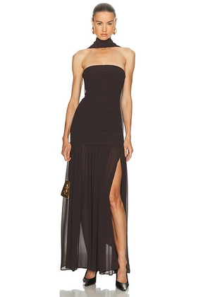 L'Academie by Marianna Tia Gown in Dark Brown - Brown. Size L (also in M, S, XL, XS, XXS).