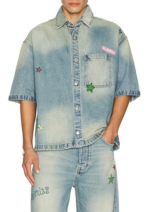 Nahmias Denim Bandaid Short Sleeve Shirt in Light Wash - Blue. Size M (also in S).