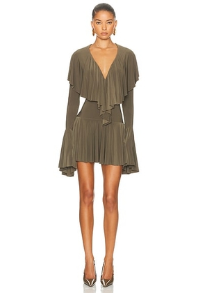 Norma Kamali for FWRD Long Sleeve Deep V Ruffle Mini Dress in Bark - Olive. Size L (also in M, S, XS).