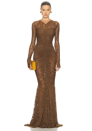 Norma Kamali Long Sleeve V Neck Shirred Front Fishtail Gown in Bark - Chocolate. Size M (also in L, S, XL, XS).
