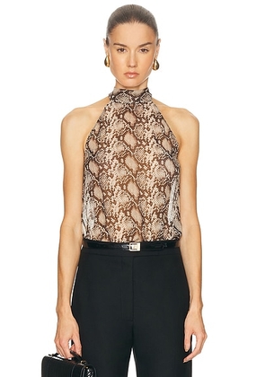 NILI LOTAN Alla Halterneck Top in Stone & Brown Snake Print - Neutral,Brown. Size 0 (also in 4).