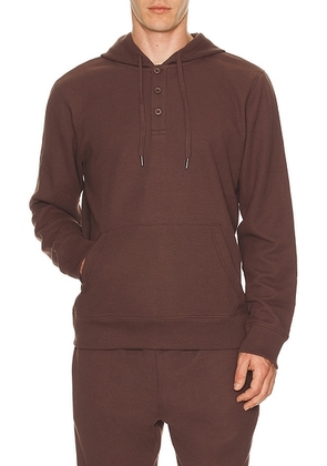Onia Waffle Half Button Hoodie in Java - Brown. Size L (also in M, S, XL/1X).