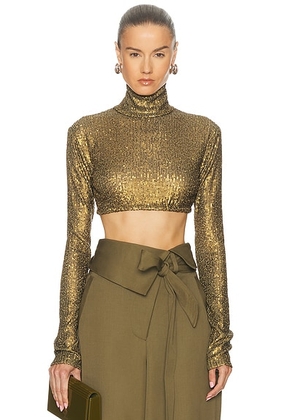 Norma Kamali Long Sleeve Slim Fit Turtleneck Cropped Top in Bark - Metallic Gold. Size L (also in M, S, XS).