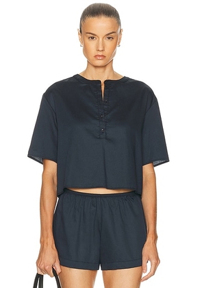 LESET Yoko Short Sleeve Henley Top in Midnight - Navy. Size L (also in M, XS).
