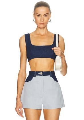 MATTHEW BRUCH Tie Back Crop Top in Medium Wash Denim - Blue. Size S (also in XS).