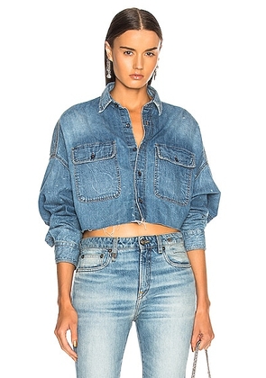 R13 Cropped Shirt in Brindley - Denim-Medium. Size L (also in M, S, XS).