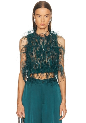 Lapointe Cascading Feather Emb Cropped Tank Top in Dark Teal - Teal. Size 2 (also in 4).