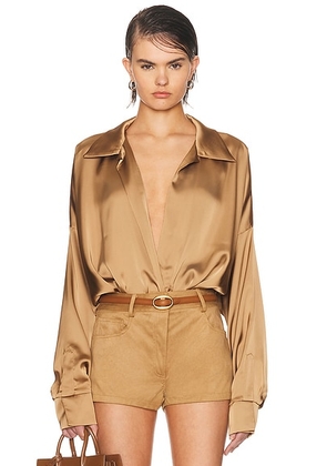 Norma Kamali Super Oversized Boyfriend Bodysuit in Camel - Brown. Size L (also in M, S, XS).