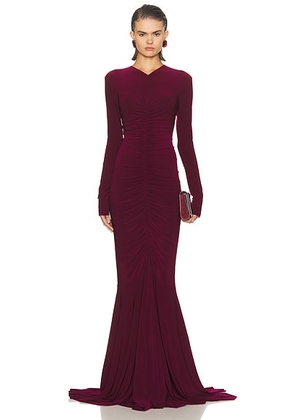 Norma Kamali Long Sleeve V Neck Shirred Front Fishtail Gown in Plum - Burgundy. Size L (also in S, XS).