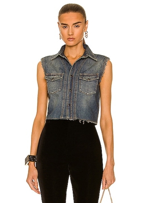 Saint Laurent Cropped Sleeveless Denim Shirt in Dusty Medium Vintage - Denim-Dark. Size XS (also in ).