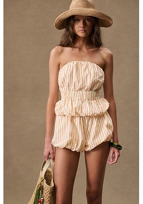 Posse X FWRD Aurelia Strapless Top in Shortbread Stripe - Beige. Size XS (also in L, S).