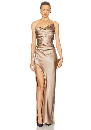 The Sei Lace Inset Cowl Gown in Fossil - Taupe. Size 0 (also in 2, 4, 6).