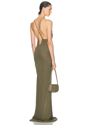 PRISCAVera Low Back Bias Gown in Olive - Olive. Size XS (also in ).