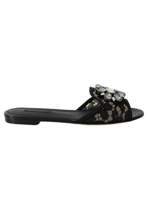 Elegant Black Lace Mules with Jewel Flower Detail - EU35.5/US5