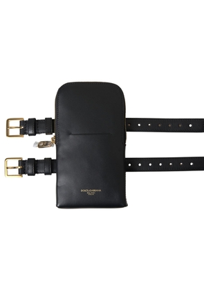 Dolce & Gabbana Black Leather Men Purse Double Belt Strap Bracelet Bag