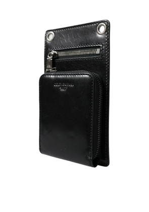Black Calf Leather Zip Logo Shoulder Neck Strap Wallet