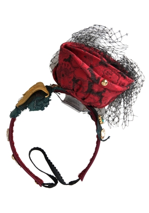 Dolce & Gabbana Red with multicolor Rose Silk Crystal Netted Logo Diadem Headband