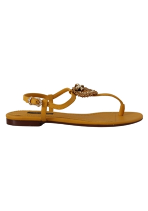 Mustard T-Strap Flat Sandals with Heart Embellishment - EU35/US4.5