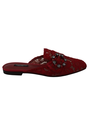 Dolce & Gabbana Red Lace Crystal Slide On Flats Shoes - EU35/US4.5