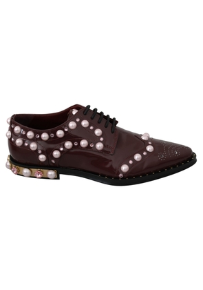 Elegant Bordeaux Lace-Up Flats with Pearls and Crystals - EU39/US8.5