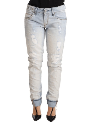 Acht Light Blue Distressed Cotton Folded Hem Denim Trouser Jeans - W26