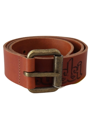 Just Cavalli Brown Leather Logo Bronze Rustic Metal Buckle Belt - 85 cm / 34 Inches