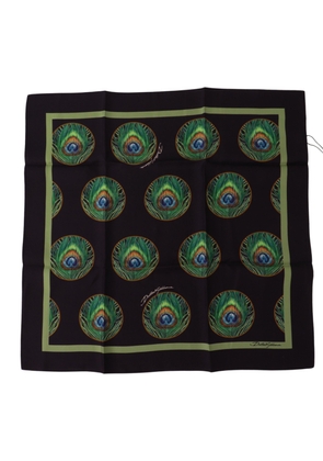 Dolce & Gabbana Black Peacock Feather DG Printed Square Handkerchief Scarf