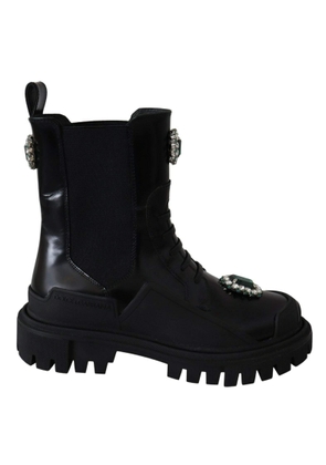 Dolce & Gabbana Black Leather Crystal Combat Boots - EU35/US4.5