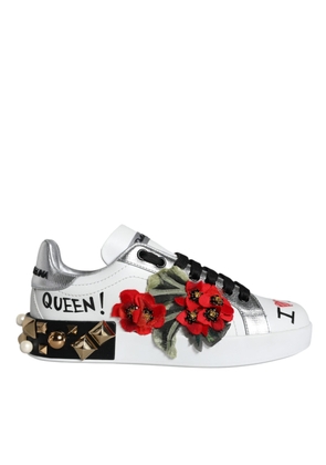 White Leather Floral Studded Sneakers Shoes - EU35/US4.5
