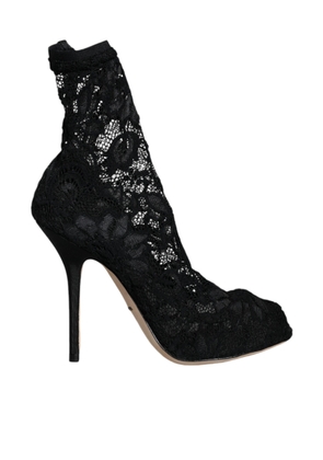 Black Lace Stretch Heels Mid Calf Boot Shoes - EU36/US6