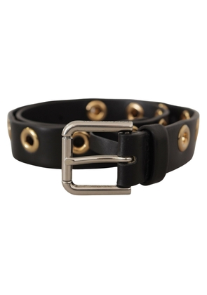 Dolce & Gabbana Black Leather Eyelet Silver Tone Metal Buckle Belt - 70 cm / 28 Inches