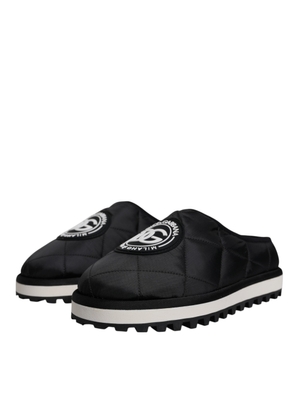 Black Nylon Quilted Logo Patch Sandals Slides Shoes - EU44/US11
