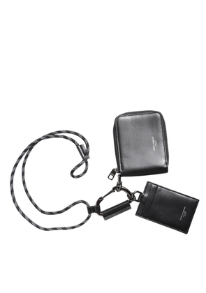 Black Leather Lanyard Zip Around Card Holder Wallet