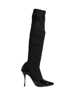 Black Leather Ribbed Knit Knee Boots Shoes - EU38/US7.5