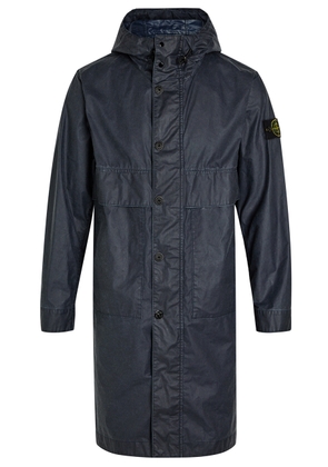 Stone Island Long Logo Waxed Cotton Canvas Coat - Navy - S