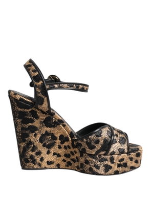 Brown Leopard Wedges Ankle Strap Sandals Shoes - EU37/US6.5