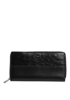 Black Leather Logo Plaque Zip Around Continental Wallet