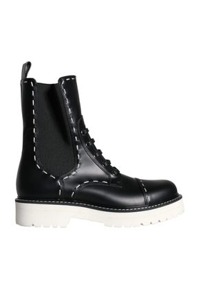 Black Leather Combat Mid Calf Boots Shoes - EU36/US5.5