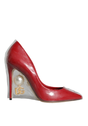 Red Patent Leather Faux Pearl Heels Pumps Shoes - EU36/US5.5