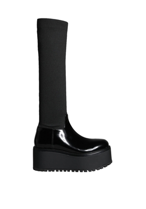 Black Leather Jersey Knee High Boots Shoes - EU39/US8.5