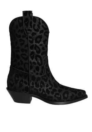 Black Gray Leopard Cowboy Boots Shoes - EU35/US4.5