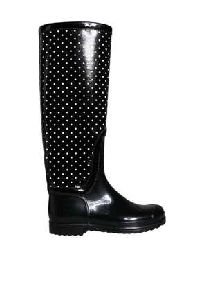 Black Polka Dot Rubber Knee High Boots Shoes - EU35/US4.5