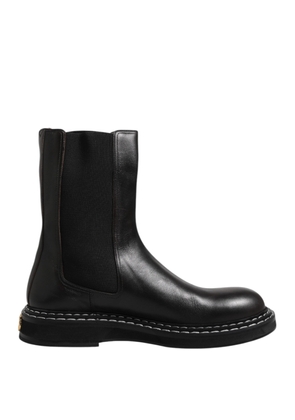 Black Leather Mid Calf Boots Flats Shoes - EU44/US11