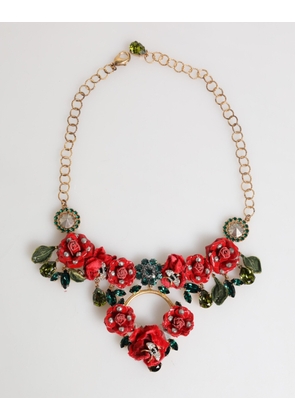 Red Rose Floral Crystal Embellished Statement Jewelry Necklace