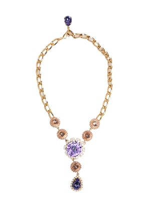 Gold Brass Crystal Pearl Purple Floral Pendant Jewelry Necklace