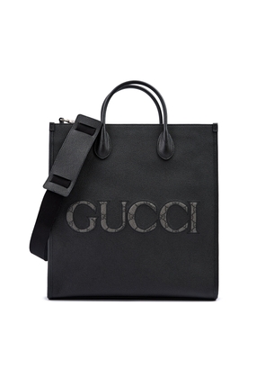 Black Leather Logo Medium Tote Bag