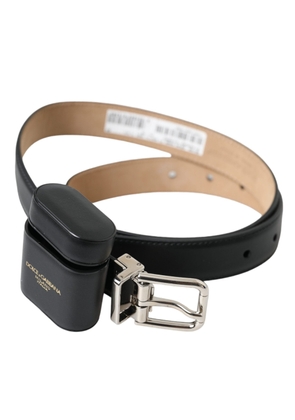 Black Leather Airpods Case Silver Buckle Belt - 75 cm / 29,5 Inches