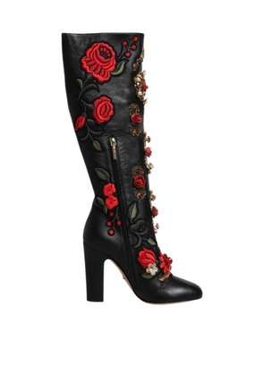 Black Roses Embellished Leather Heel Boots Shoes - EU39/US8.5